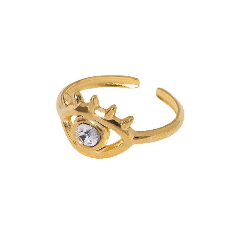 Anello da donna in acciaio inossidabile, minimalista e alla moda, aperto, con occhio accentato da strass