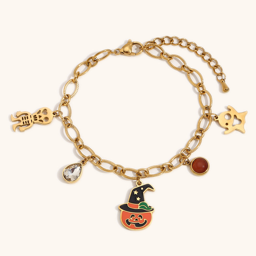 Fashionable Cartoon Pumpkin Skull Pendant Bracelet in Stainless Steel with 18K Gold Plating for Halloween and Travel Souvenirs