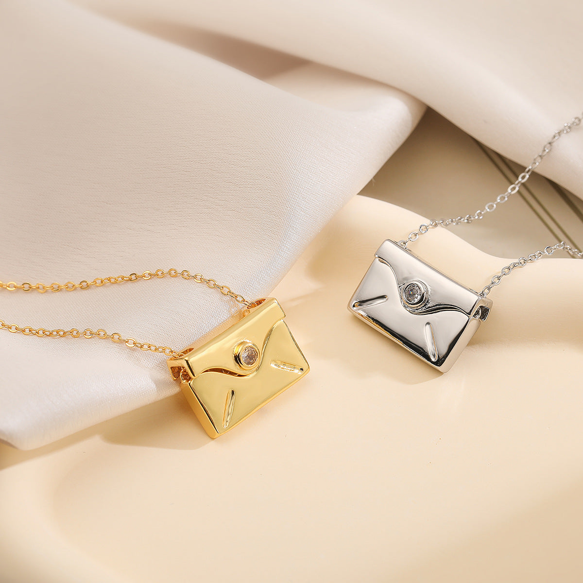 Minimalist Geometric Envelope Pendant Necklace for Women with Copper Base and Real Gold Plating Adjustable Locket Chain