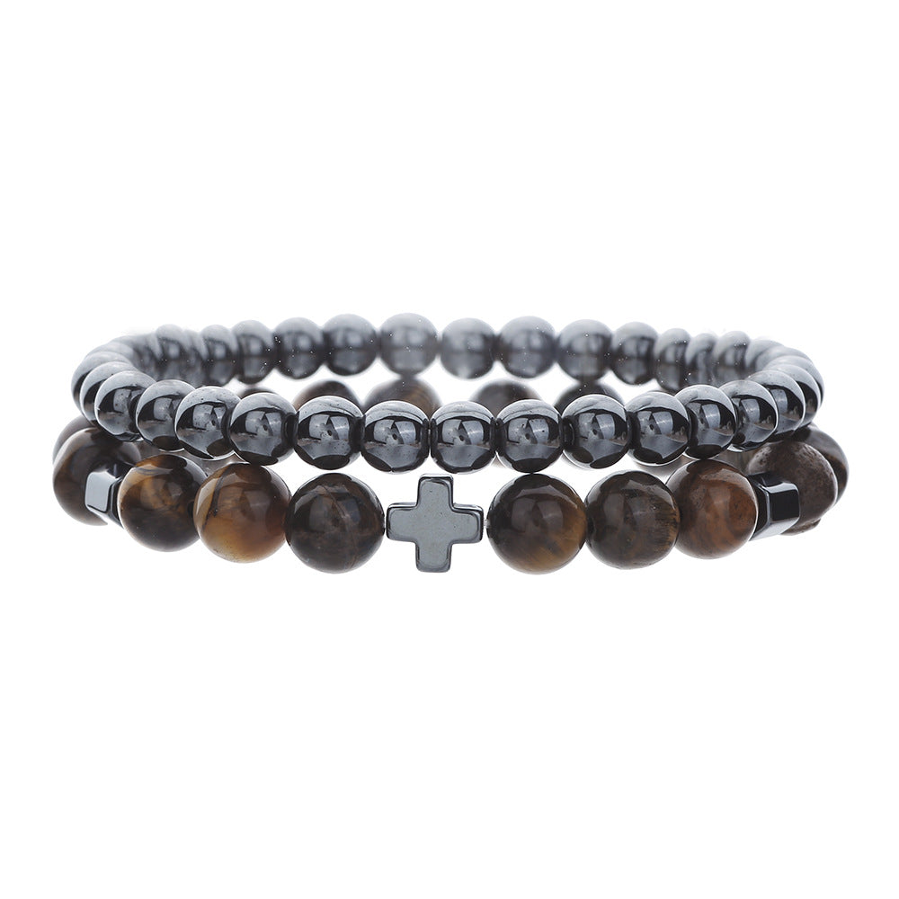 Minimalist Geometric Cross Volcanic Stone Tiger Eye Hematite Beaded Bracelet Unisex