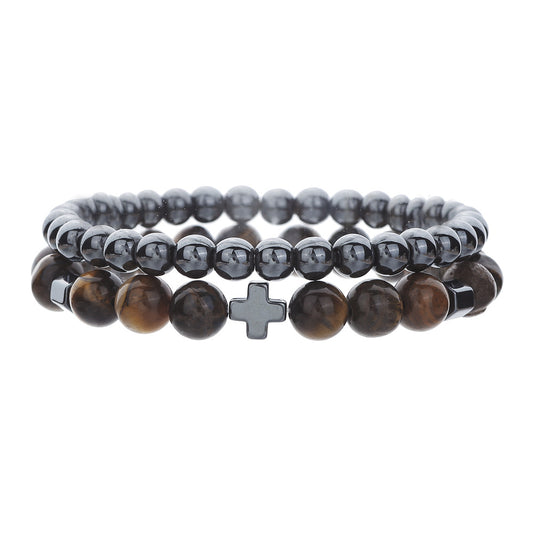 Minimalist Geometric Cross Volcanic Stone Tiger Eye Hematite Beaded Bracelet Unisex