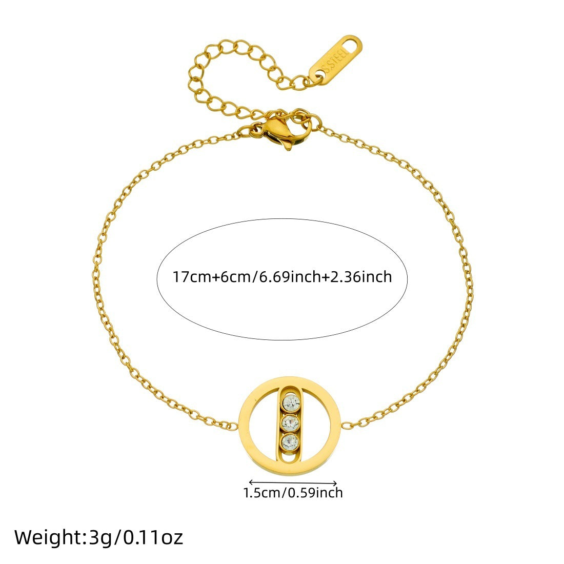 Minimalist Elegant Gold Plated Round Geometric Rhinestone Stainless Steel Bracelet
