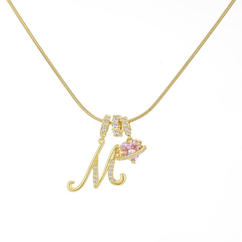 Sweet 22K Gold Plated Letter Titanium Steel Pendant Brass Cable Chain Necklace Unisex