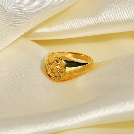 INS Style Angel Ring for Women in Stainless Steel with 18K Gold Plating, Round Shape and Infinity Symbol Detail