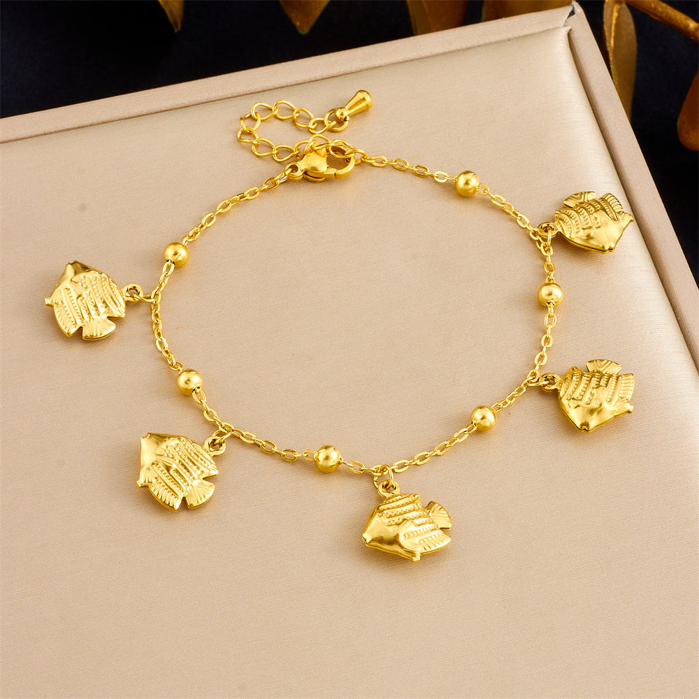 Tropical Ocean Style Gold Plated Stainless Steel Bracelet with Starfish and Tropical Fish Charms for Women
