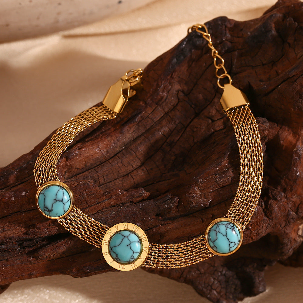Pulsera de malla con cuentas redondas de turquesa geométrica estilo vintage para mujer en acero inoxidable con baño de oro de 18 quilates