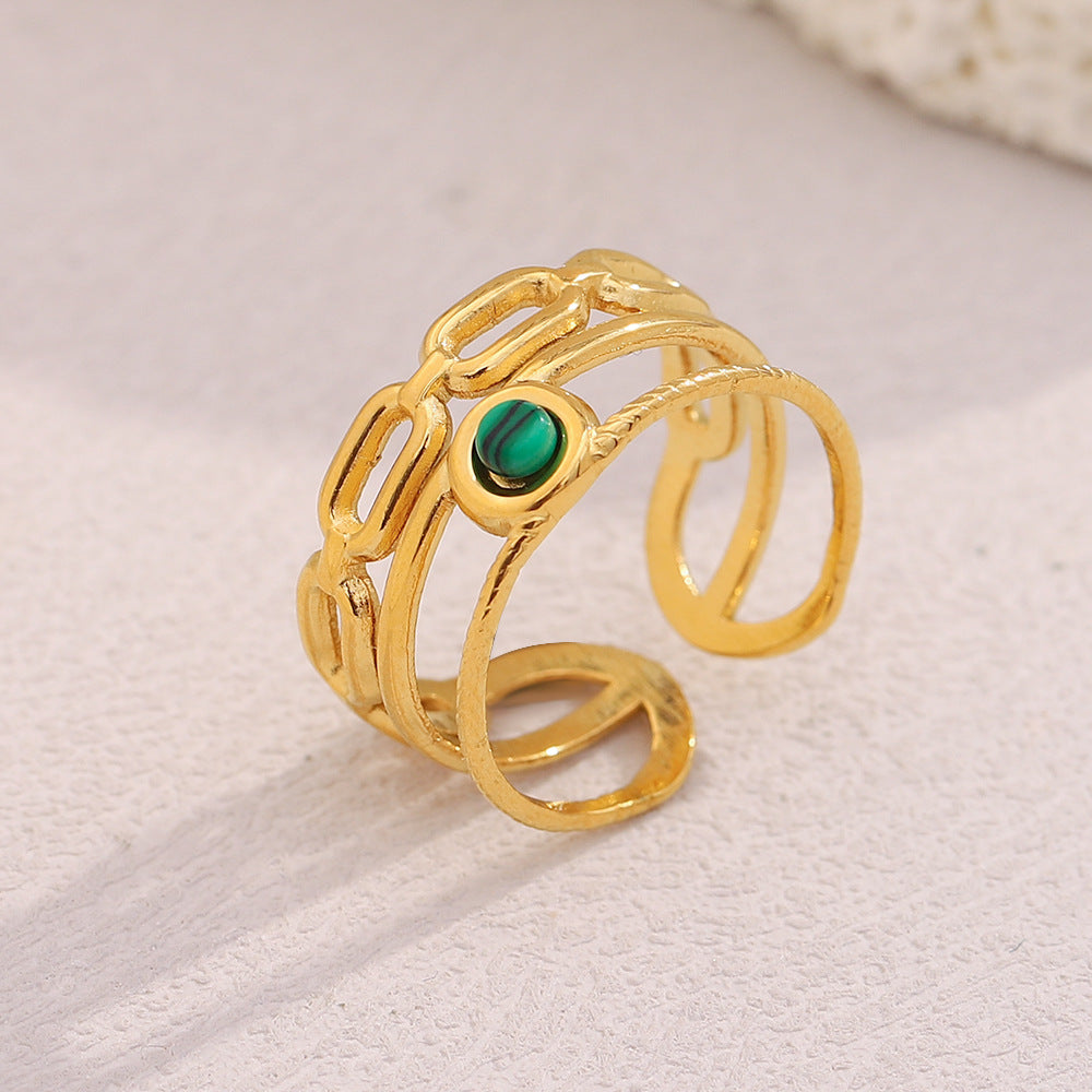 Anello da donna alla moda in acciaio inossidabile con design geometrico, placcatura in oro 18 carati e inserti in malachite