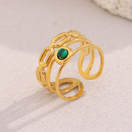 Fashionable Geometric Stainless Steel Ring with 18K Gold Plating and Malachite Accents for Women
