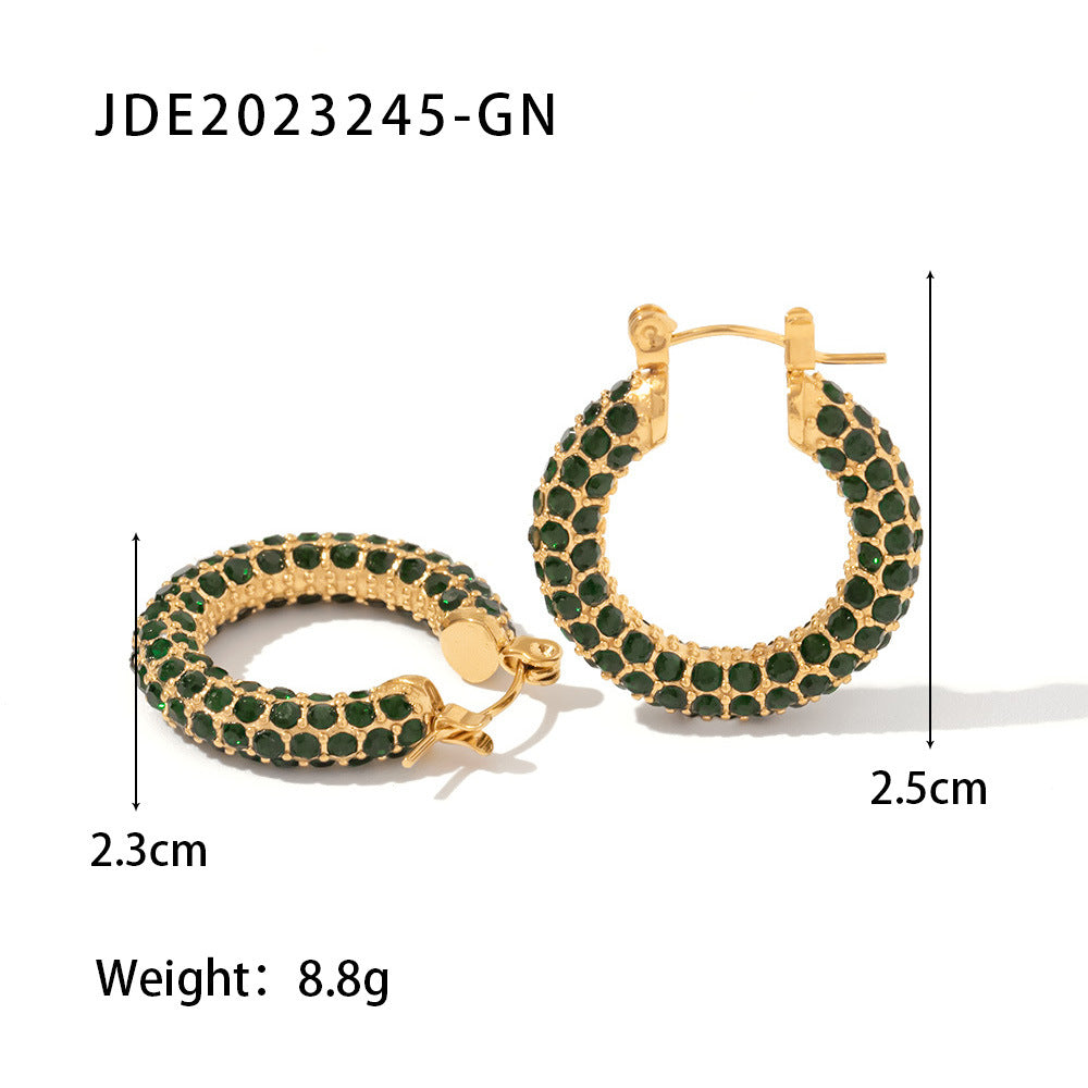 Minimalist Geometric Stainless Steel Hoop Earrings with 18K Gold Plating and White Square Cubic Zirconia Inlay