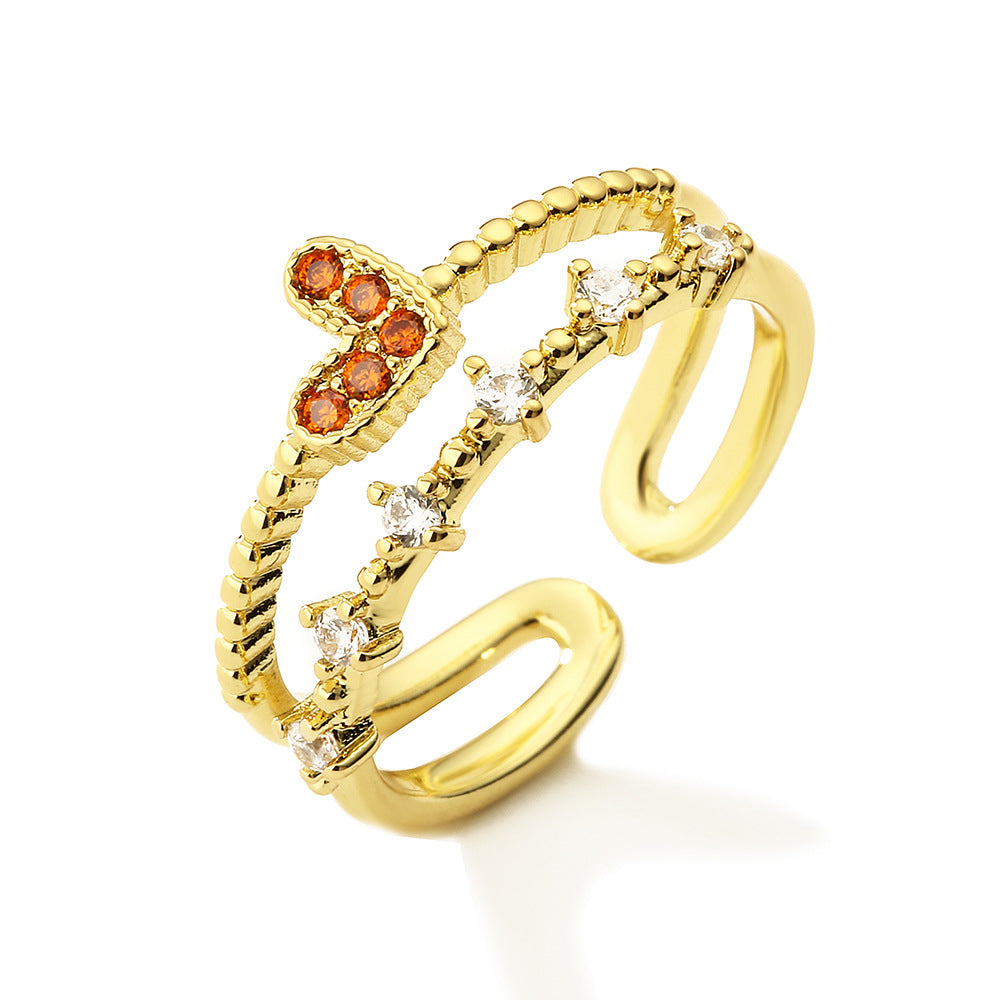 Anello aperto minimalista da donna con corona e cuore geometrico, realizzato in ottone con placcatura in oro vero e intarsio di zirconi