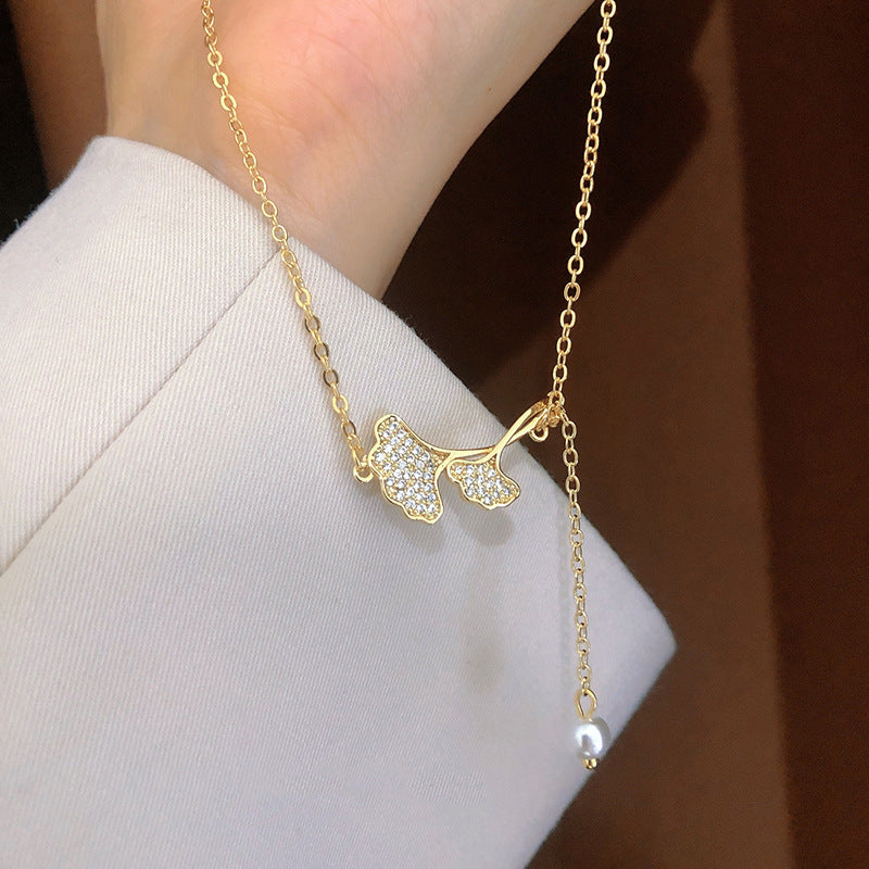 Minimalist Ginkgo Leaf Pendant Necklace in Titanium Steel with Gold Plating for Women