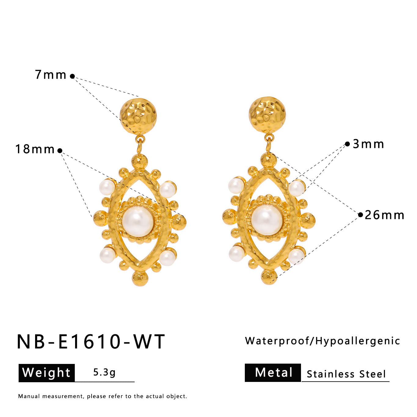 Minimalist Geometric Eye-Shaped Stainless Steel Earrings with Pearl Accents and 18K Gold Plating