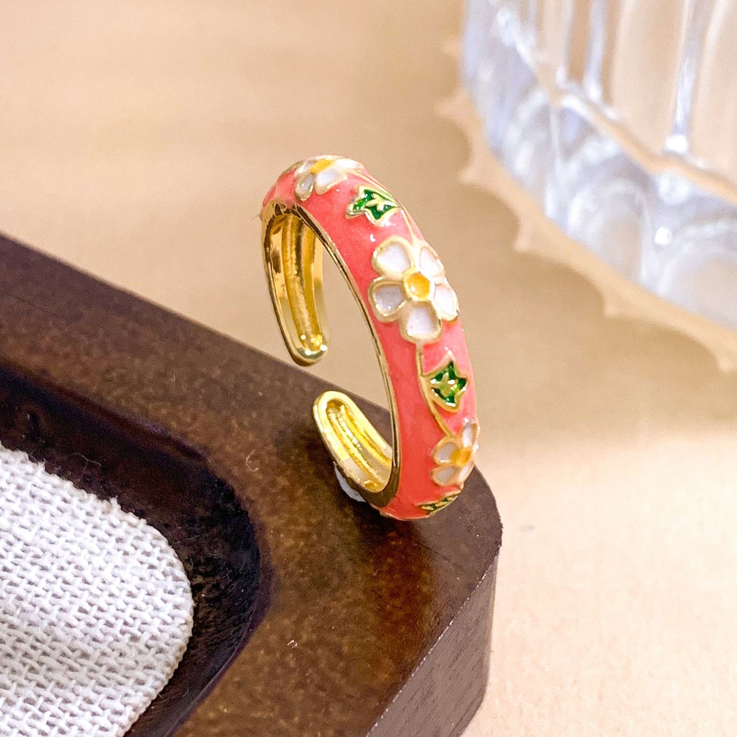 Vintage Sweet Enamel Floral Gold Plated Brass Ring for Women