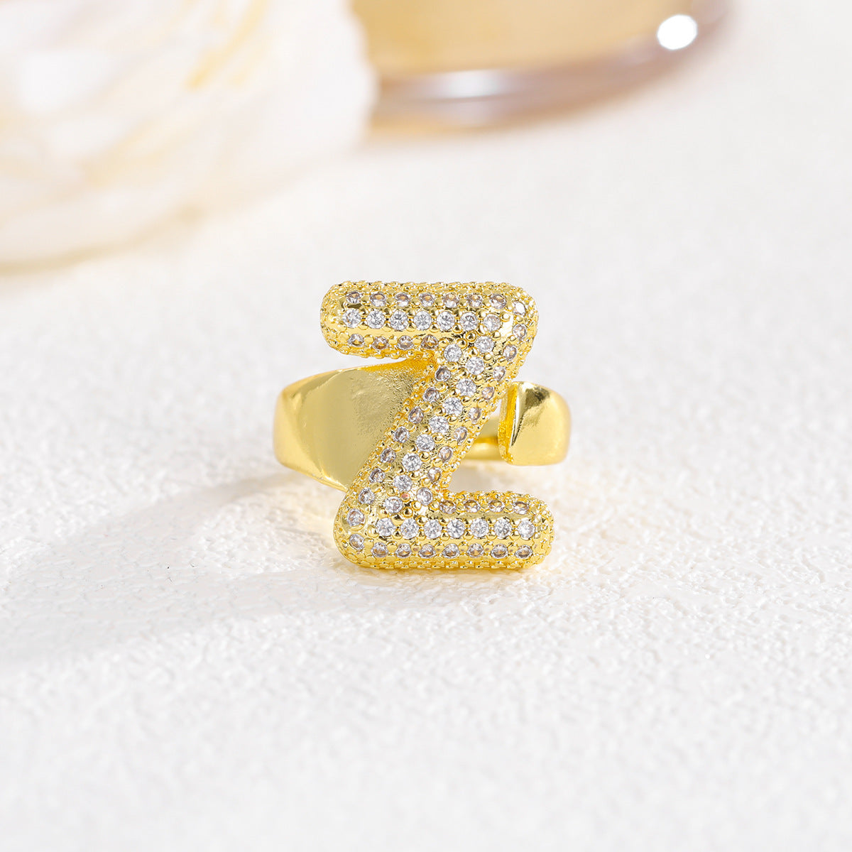 Sweet Plated Brass Letter Ring with Cubic Zirconia Adjustable Open Ring for Women and Men