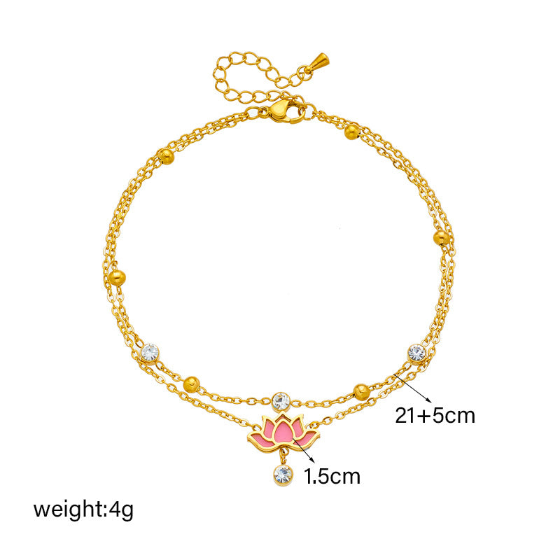 Fashion Floral Lotus Pendant Titanium Steel Anklet with Rhinestone Accents