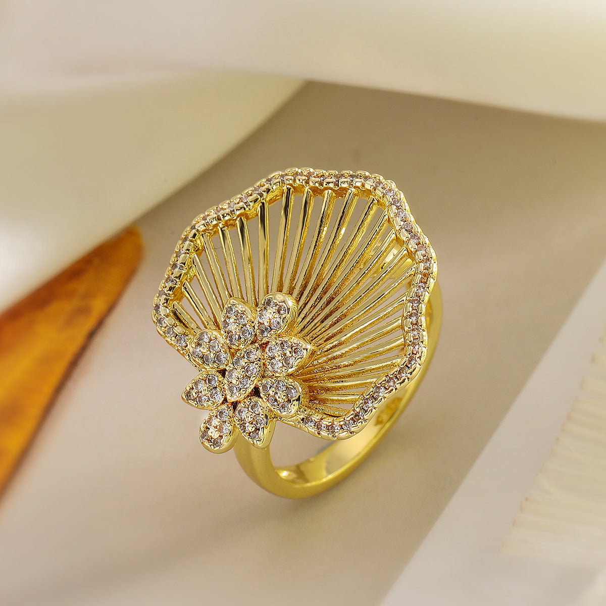 Minimalist Geometric Open Ring for Women in Copper with 18K Gold Plating and Zircon Inlay