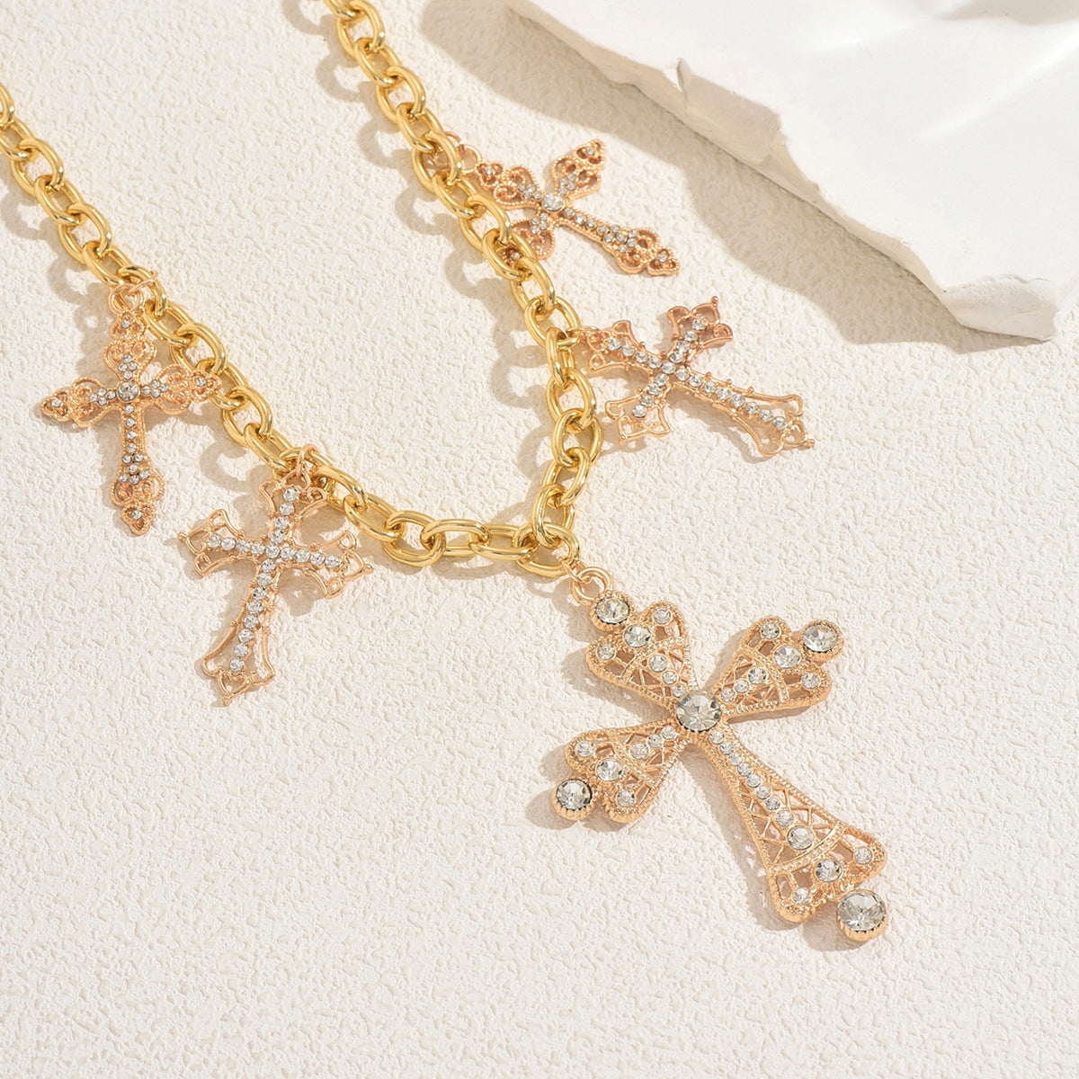 Luxury Geometric Cross Pendant Necklace for Women with Rhinestone Inlay in Zinc Alloy on Standard Chain