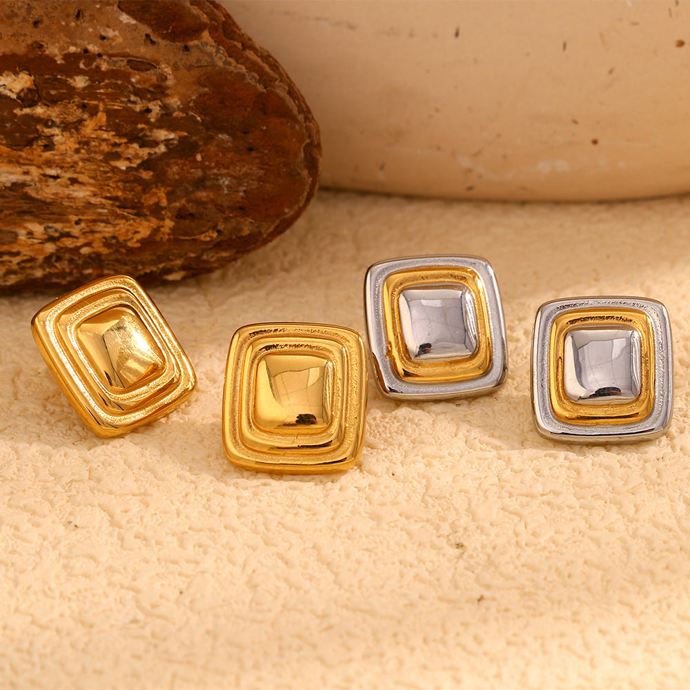 Geometric Square Frame Stud Earrings for Women in Stainless Steel with 18K Gold Plating