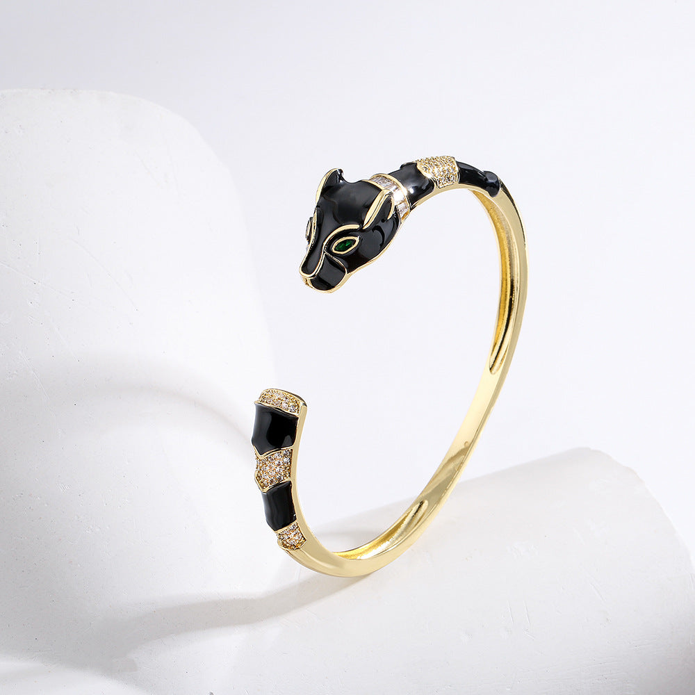Minimalist Leopard Head Open Bangle Bracelet for Women in Copper with 18K Gold Plating and Enamel Finish