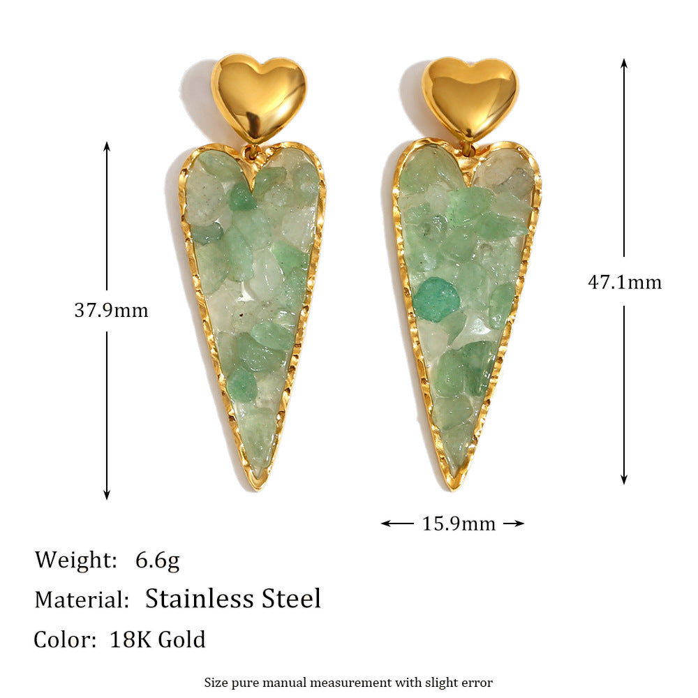 Vintage-Style Heart-Shaped Stainless Steel Earrings with 18K Gold Plating and Green Rhinestone Accents