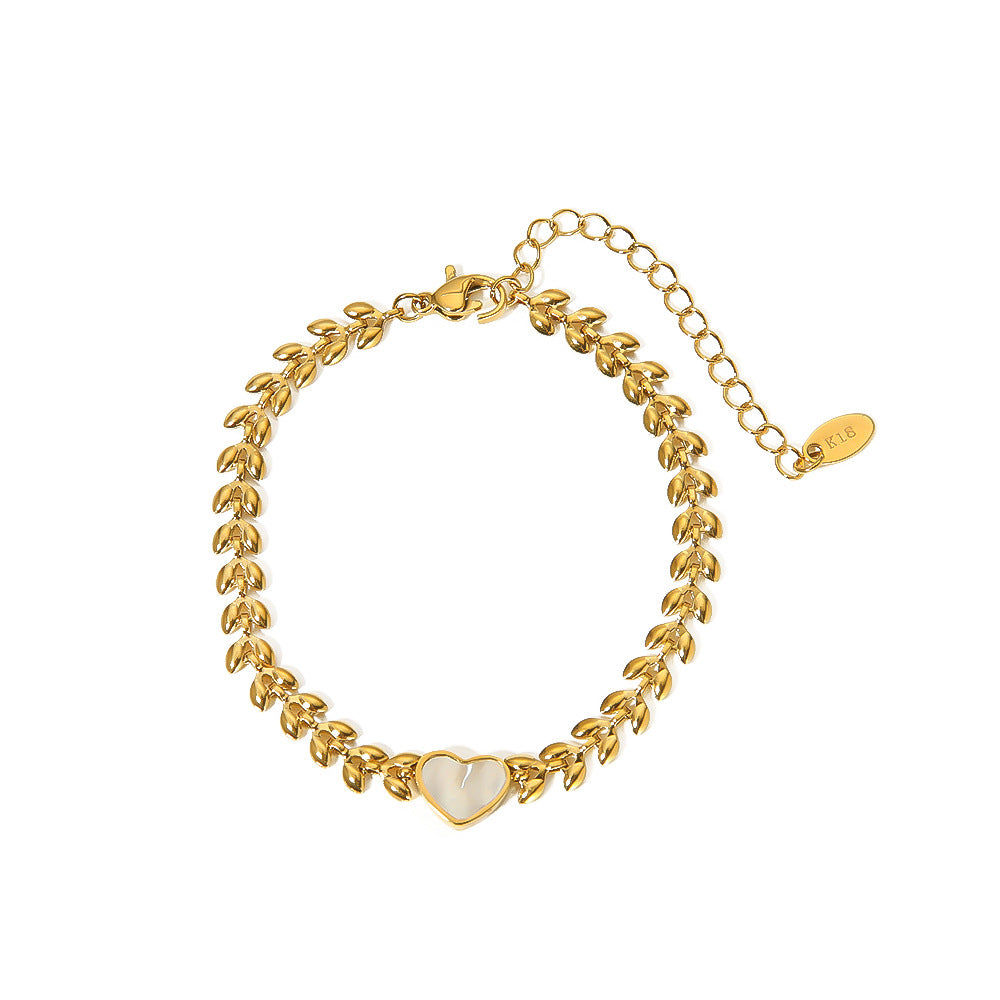 Minimalist Heart-Shaped White Abalone Shell Bracelet in Stainless Steel with 18K Gold Plating for Women