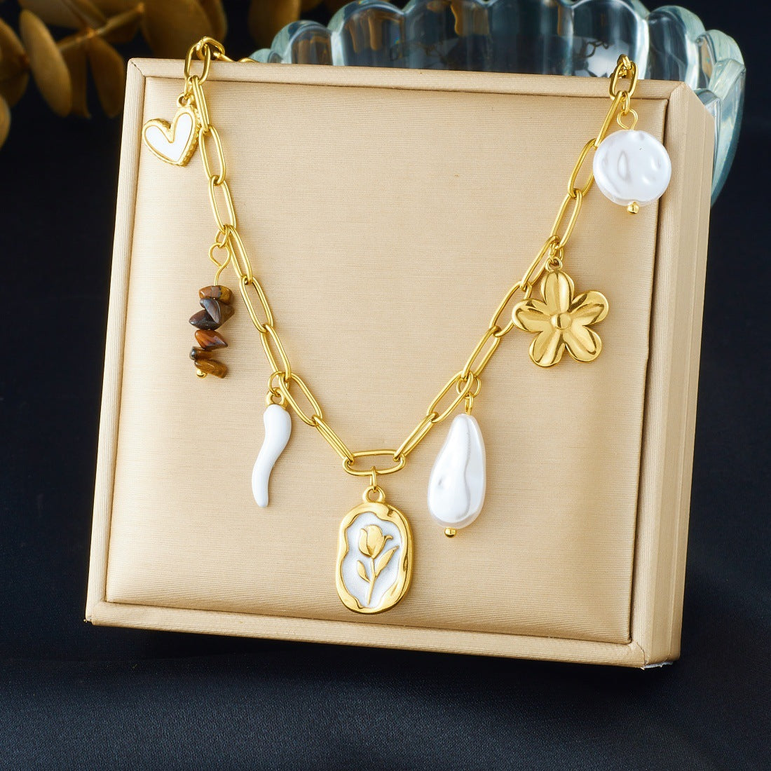 Elegant Geometric Heart Flower Stainless Steel Plated Necklace and Bracelet Set with Pearl and Tiger's Eye for Women
