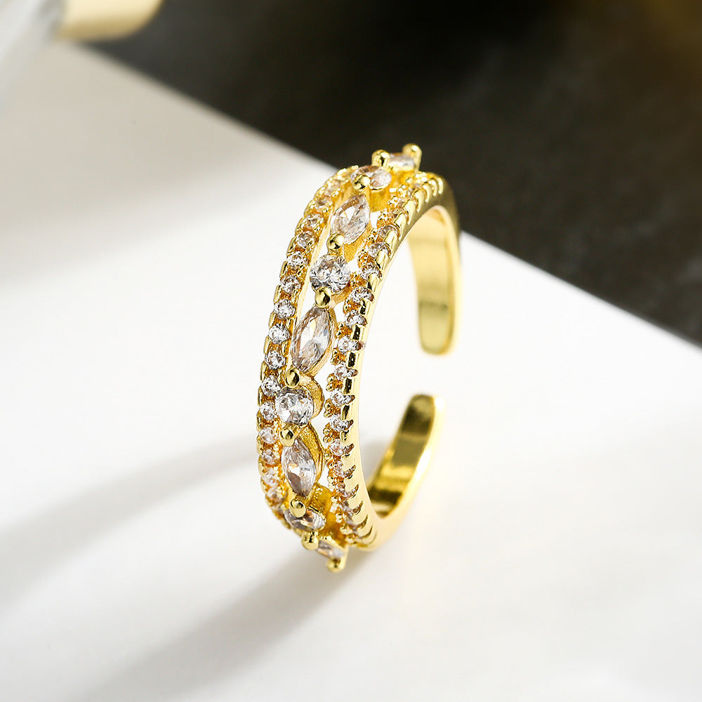 Minimalist Geometric Open Ring for Women Made of Brass with Real Gold Plating and Zircon Inlay
