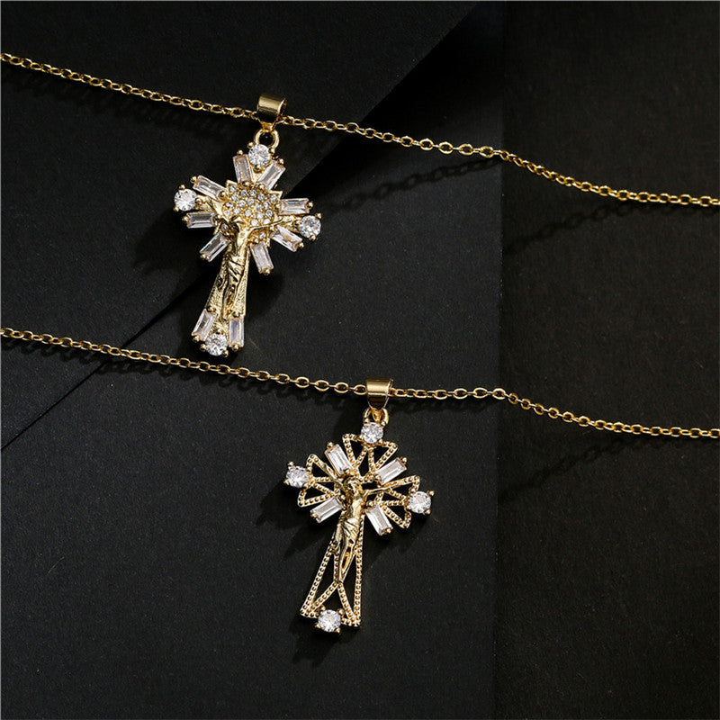 Geometric 18K Gold Plated Brass Cubic Zirconia Pendant Necklace Cable Chain