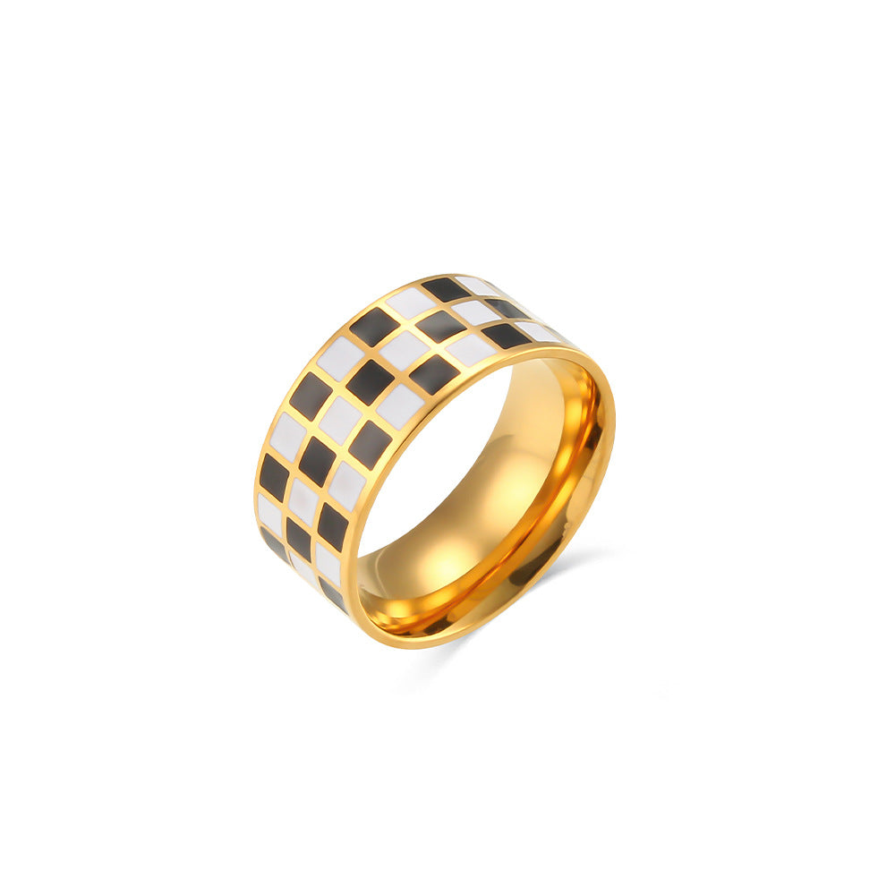 Minimalist Geometric Square Stainless Steel Plated 18K Gold Luxury Chessboard Pattern Ring for Women