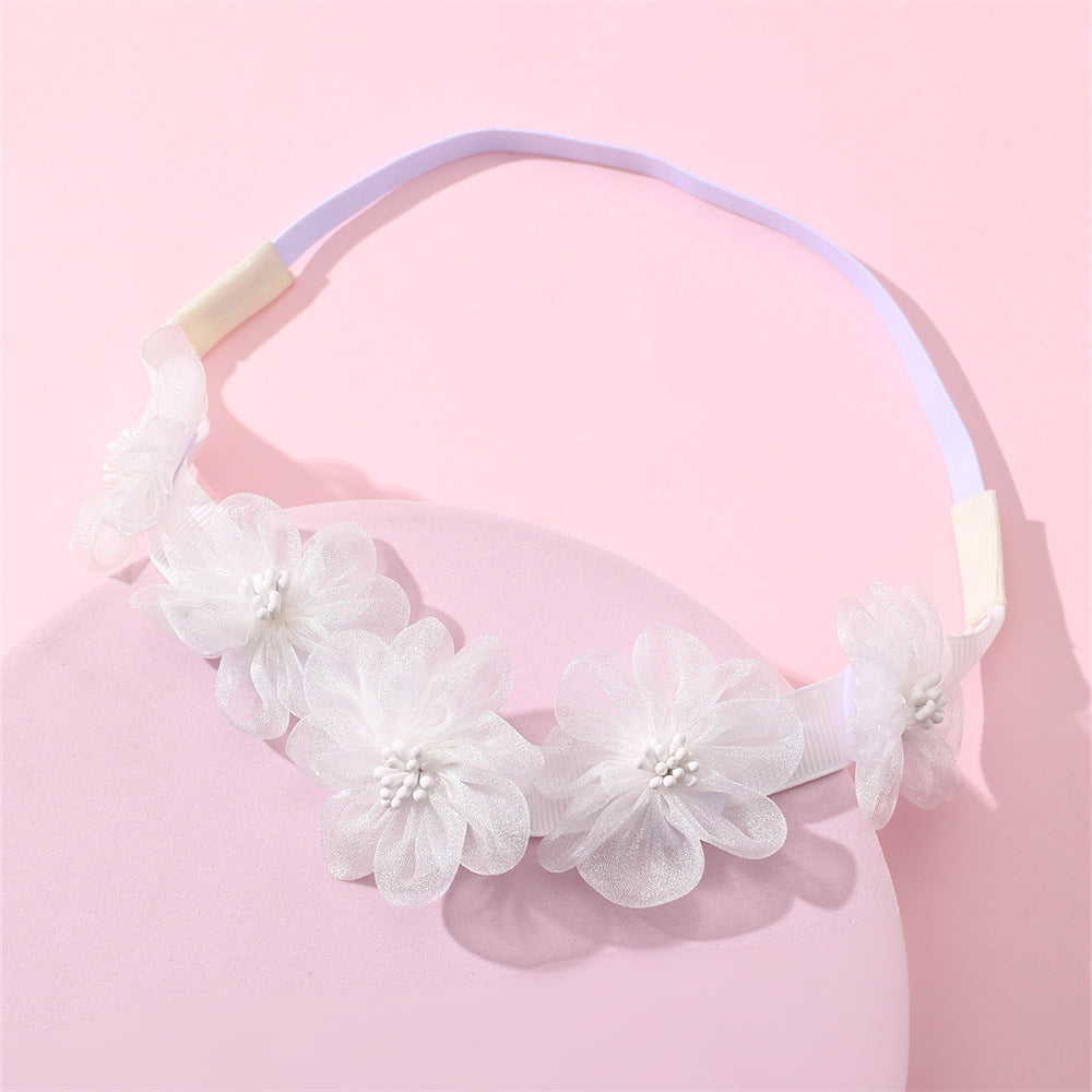 Set di Graziosi Cerchietti Minimalisti per Bambini con Cinque Fiori in Chiffon Bianco
