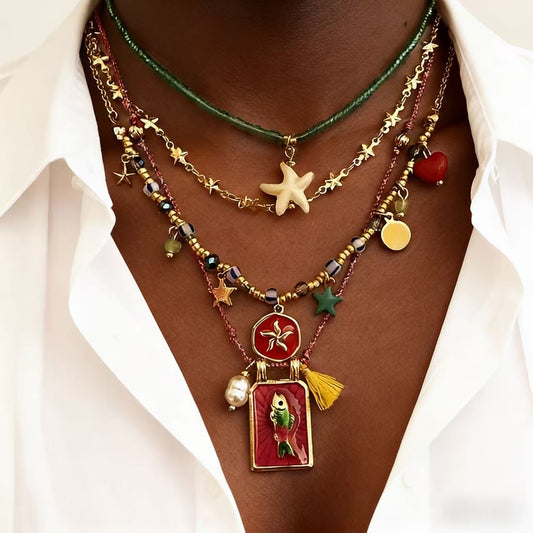 Collar con cuentas chapado en aleación con forma de estrella de mar y pez geométricos, unisex