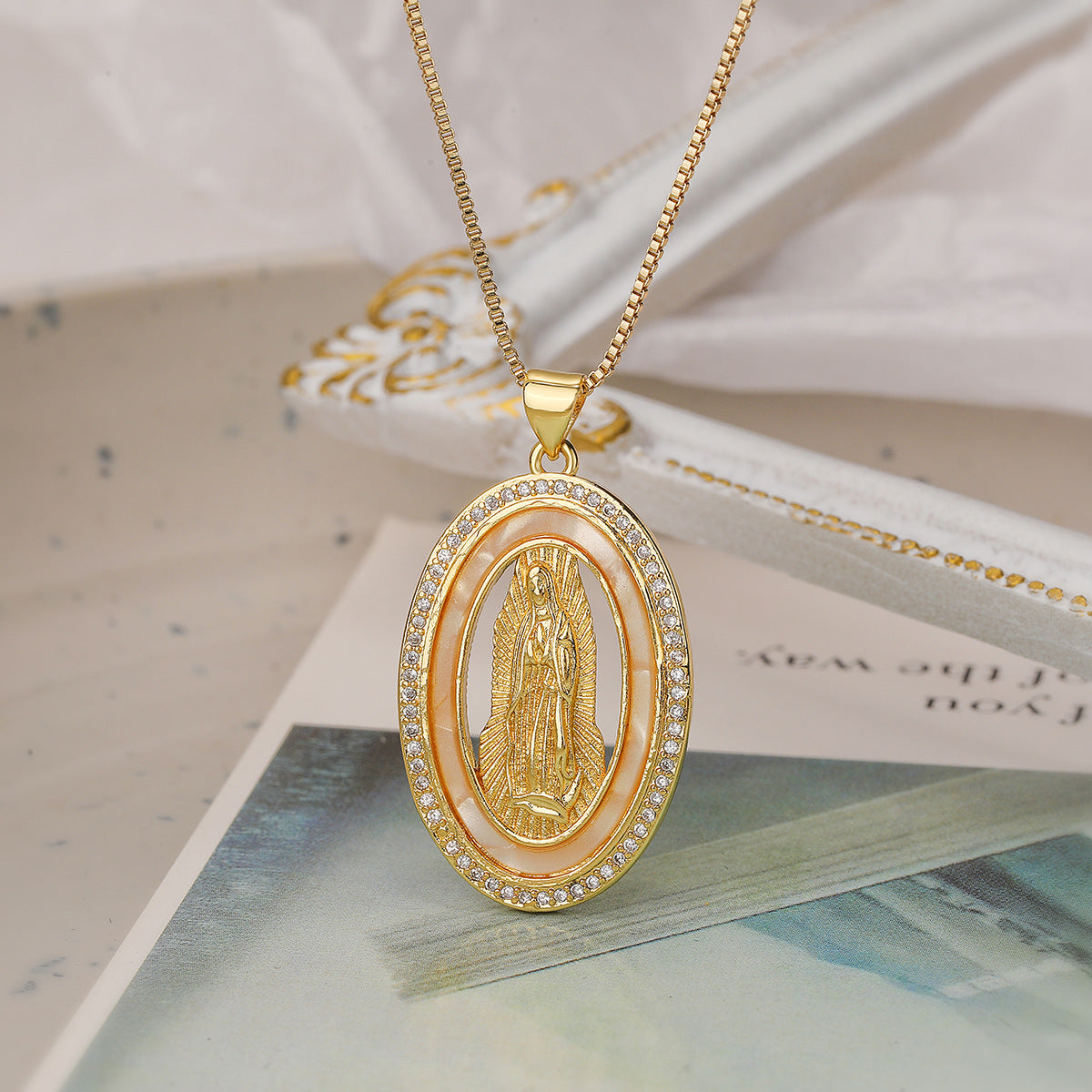 Minimalist Geometric Virgin Mary Pendant Necklace for Women with Copper Base Plated in Real Gold and Micro-Paved Zirconia