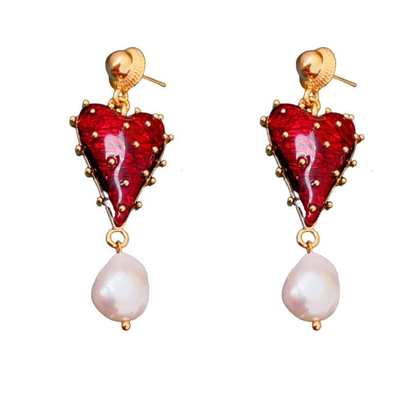 Orecchini a Cuore Vintage in Lega con Perni in Argento Placcato Oro e Accenti di Perle da Donna
