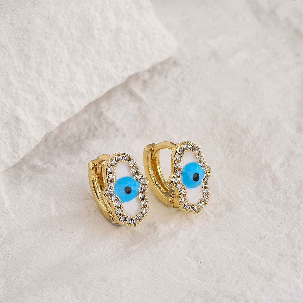 Minimalist Geometric Hand Eye Pendant Mini Earrings for Women with Copper Base Plated in 18K Gold and Enamel-Finished Zirconia Accents