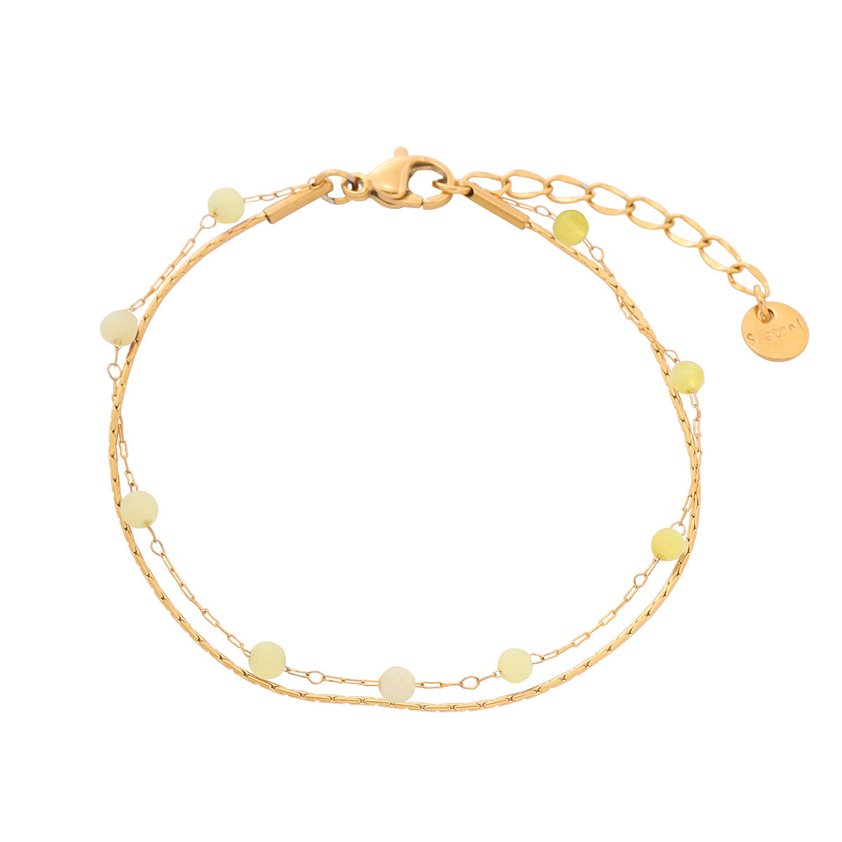 Bracciale doppio strato in acciaio al titanio con forme geometriche, stile OL alla moda, con perline di granato naturale e finitura placcata oro 18K per donna