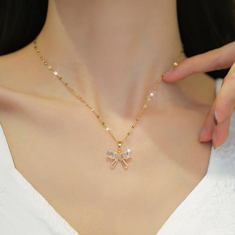 Luxury Titanium Steel Butterfly Knot Pendant Necklace and Earrings Set with Rhinestone Inlay for Women Formal Events