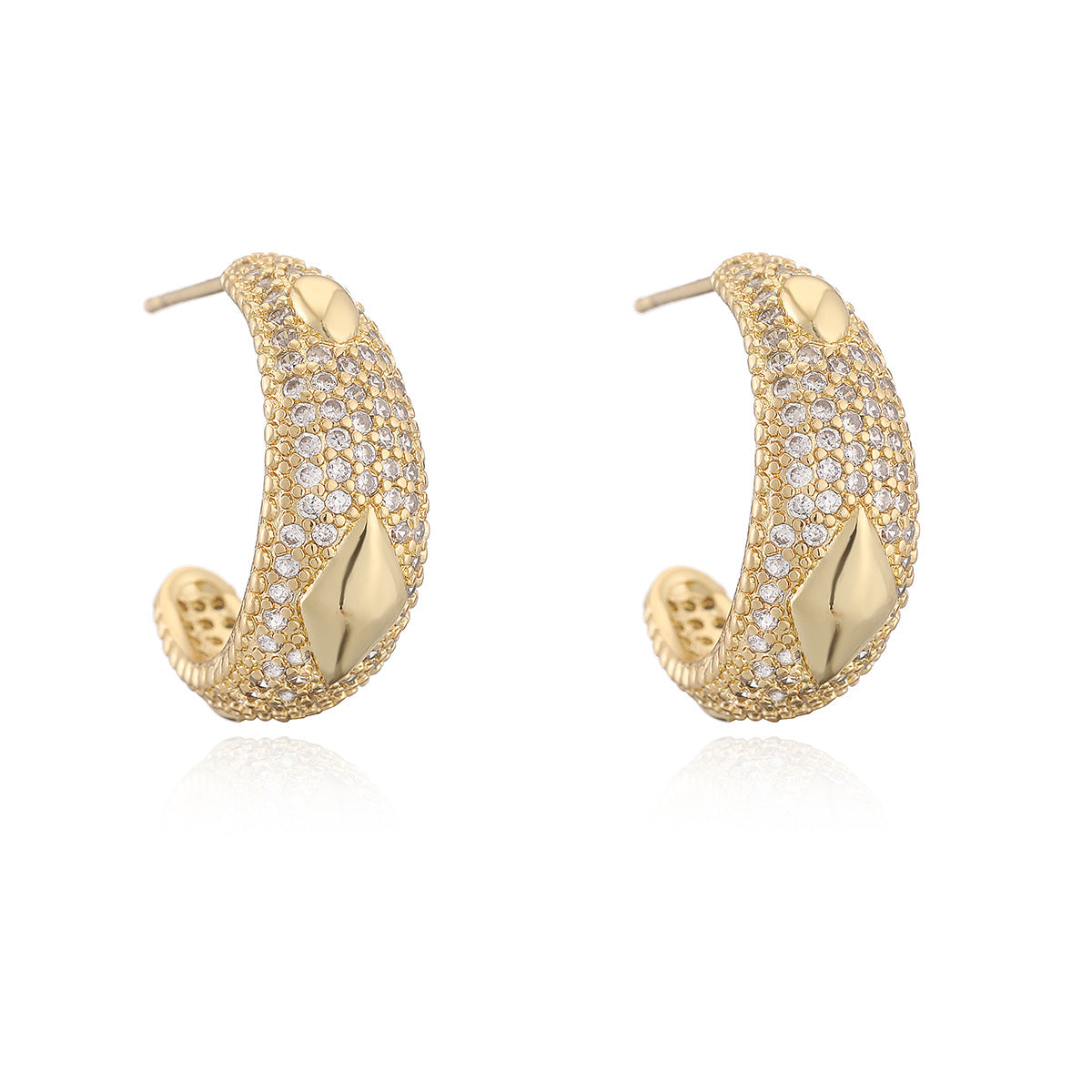 Minimalist Elegant Geometric C-Shaped Gold Plated Brass Earrings with Cubic Zirconia for Women