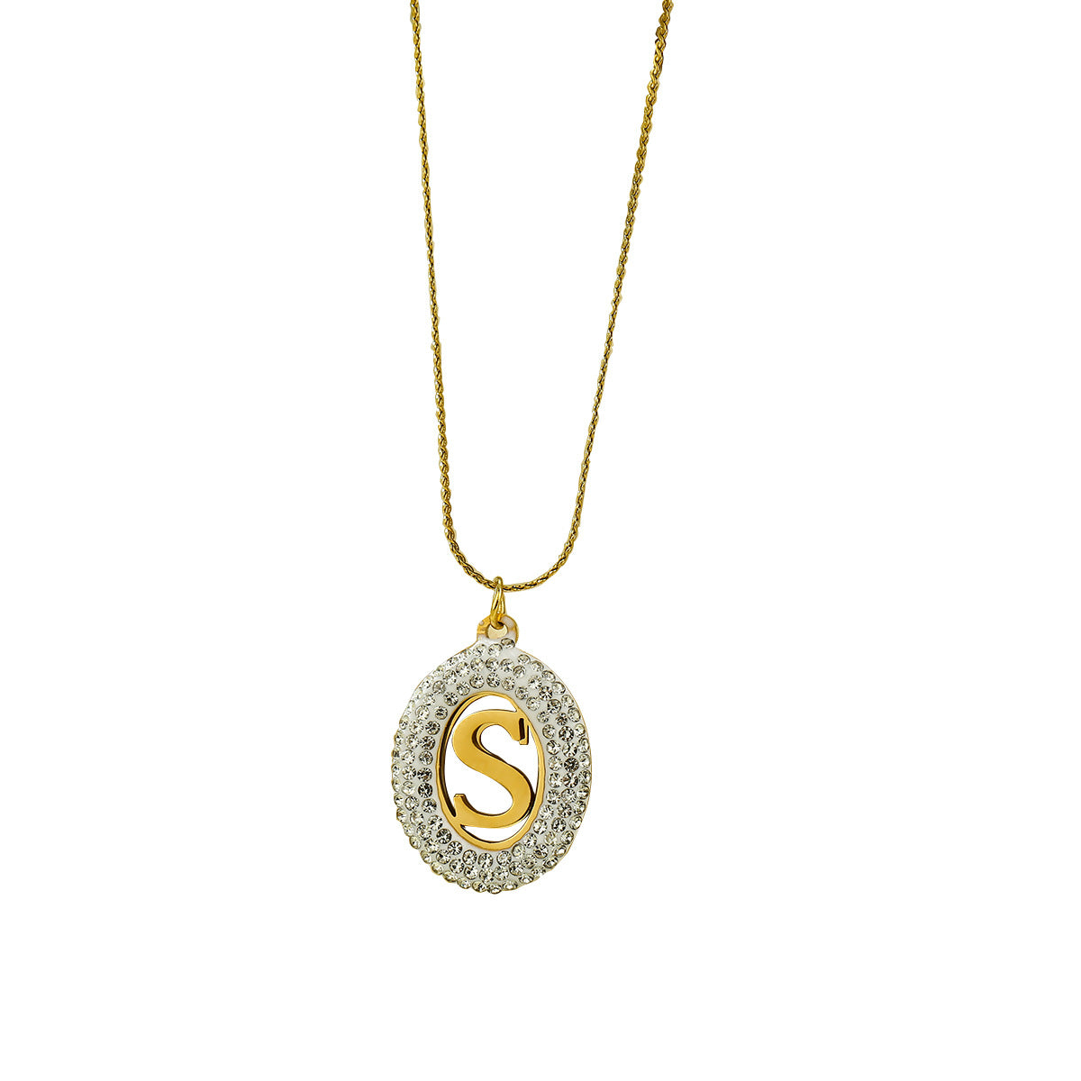 Collana da donna alla moda con ciondolo ovale in acciaio inossidabile con intarsio in zircone e lettera traforata
