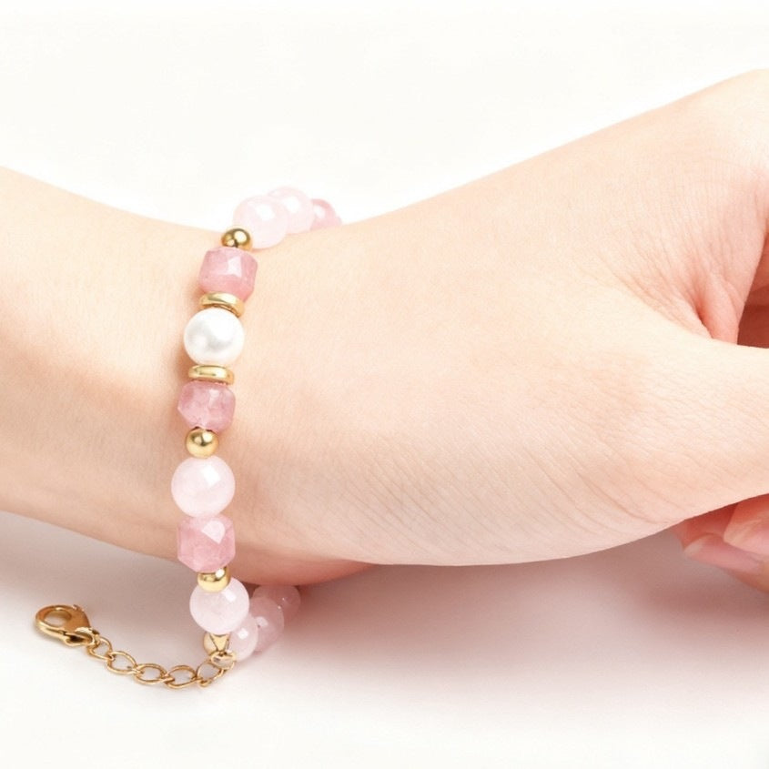 Minimalist 8mm Natural Faceted Strawberry Quartz Geometric Bracelet for Women