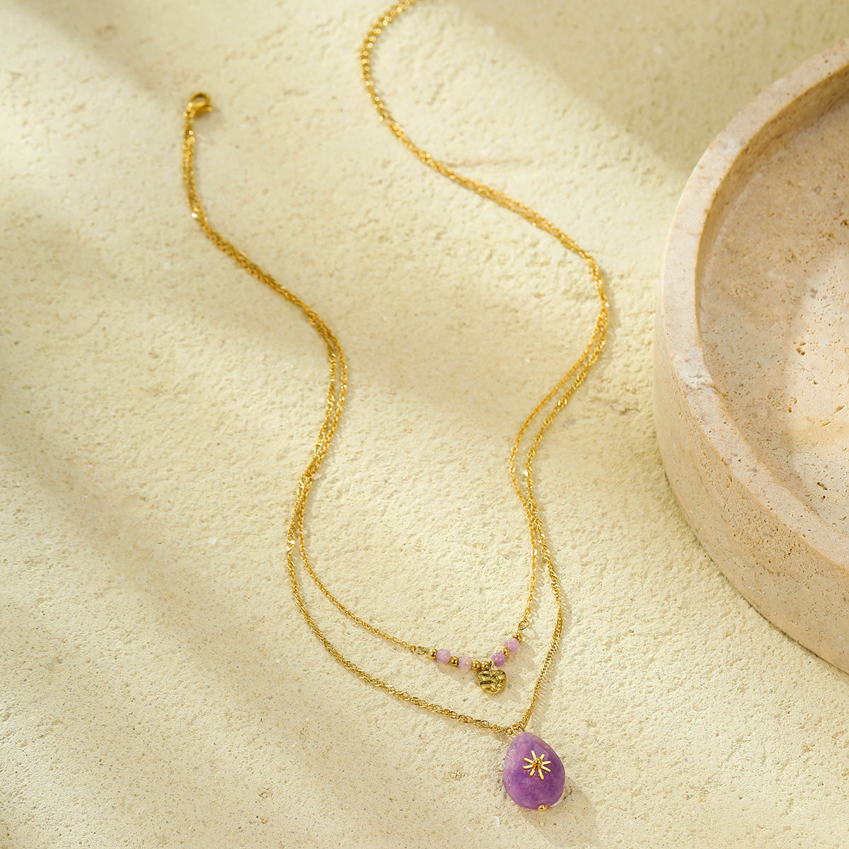 Collar con colgante de corazón doble de estrella de ocho puntas de piedra natural púrpura, estilo minimalista vintage, en acero inoxidable con acabado chapado