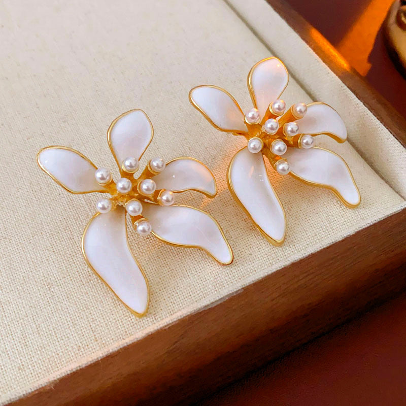 Vintage Floral Polka Dot Enamel Dangle Earrings in Alloy with Stainless Steel Posts for Women