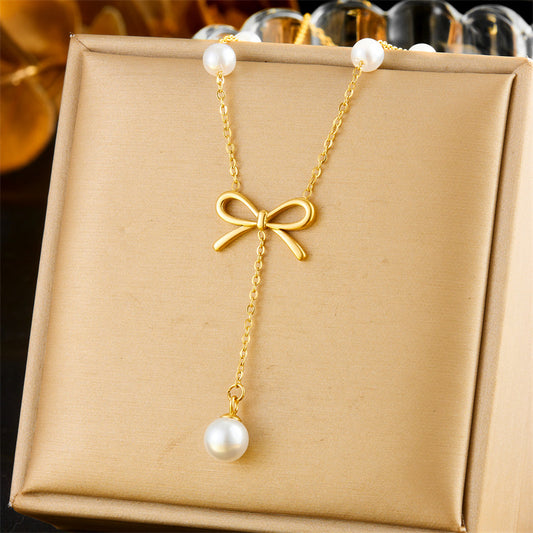 Fashion Stainless Steel Gold Plated Butterfly Bowknot Necklace and Earrings Set for Women