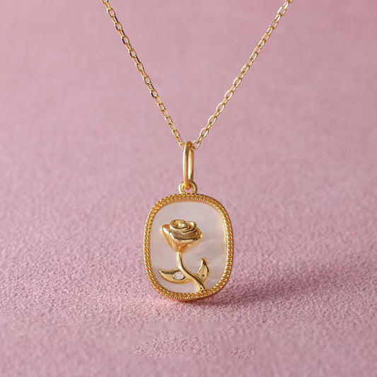 Collar colgante vintage francés de lujo con flor rosa de nácar blanco para mujer con cadena de acero de titanio y acabado chapado
