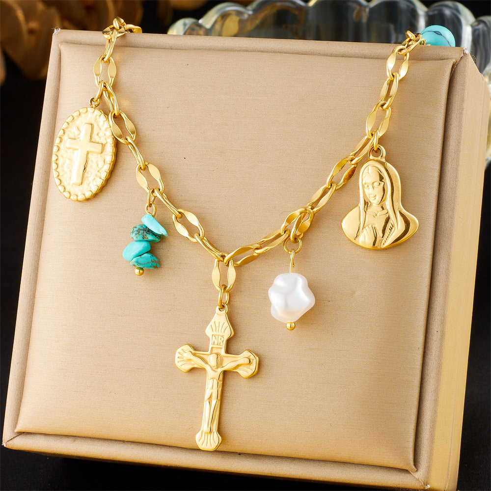 Elegant Stainless Steel Drip Oil Moon Sun Flower Pendant Necklace with Cable Chain for Women