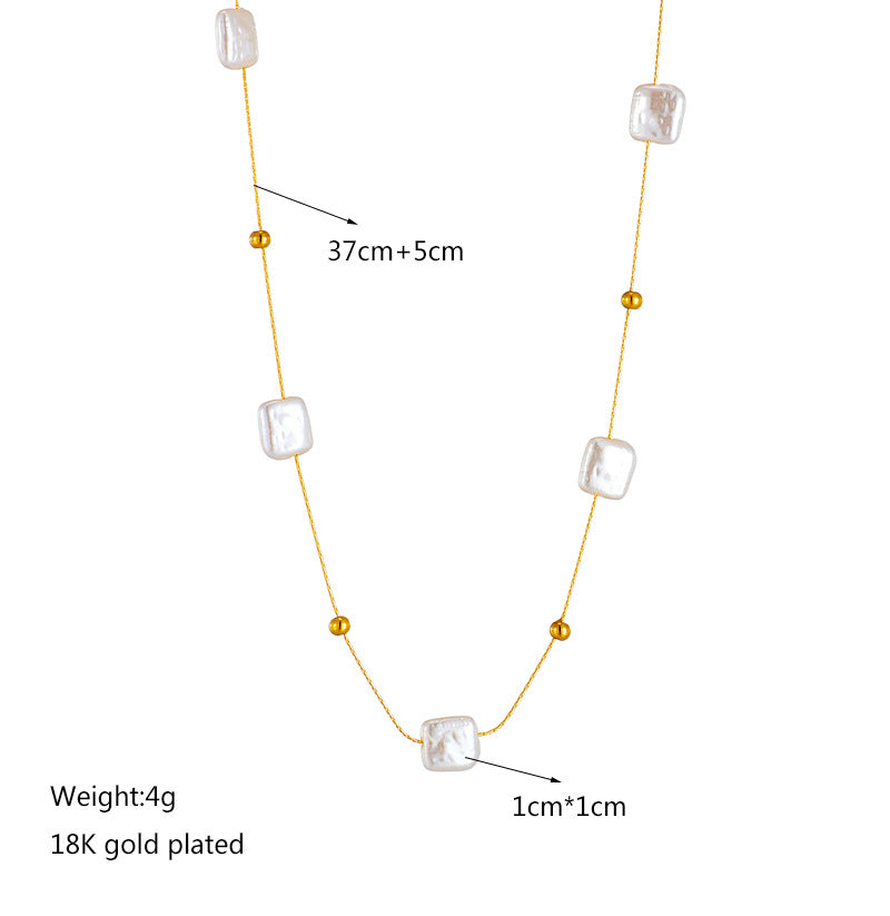 Minimalist French Retro Square Pearl Pendant Necklace in Titanium Steel with Thin Chain and Plated Finish for Women