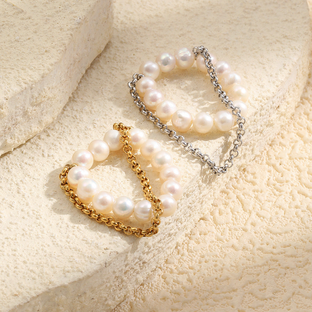 Luxury Minimalist 18K Gold Plated Stainless Steel Round Pearl Tassel Elastic Ring for Women