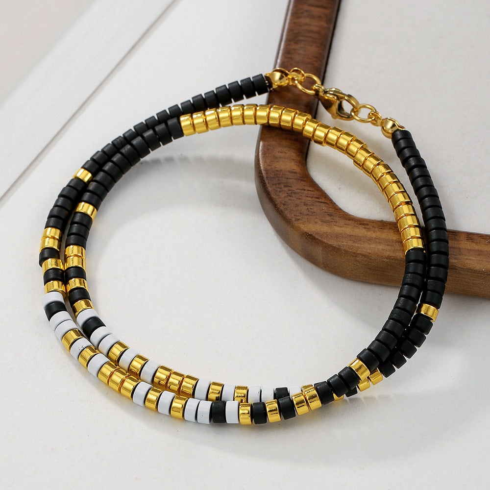 Bohemian Style Geometric Black Obsidian and Stainless Steel Handcrafted Bracelet for Women
