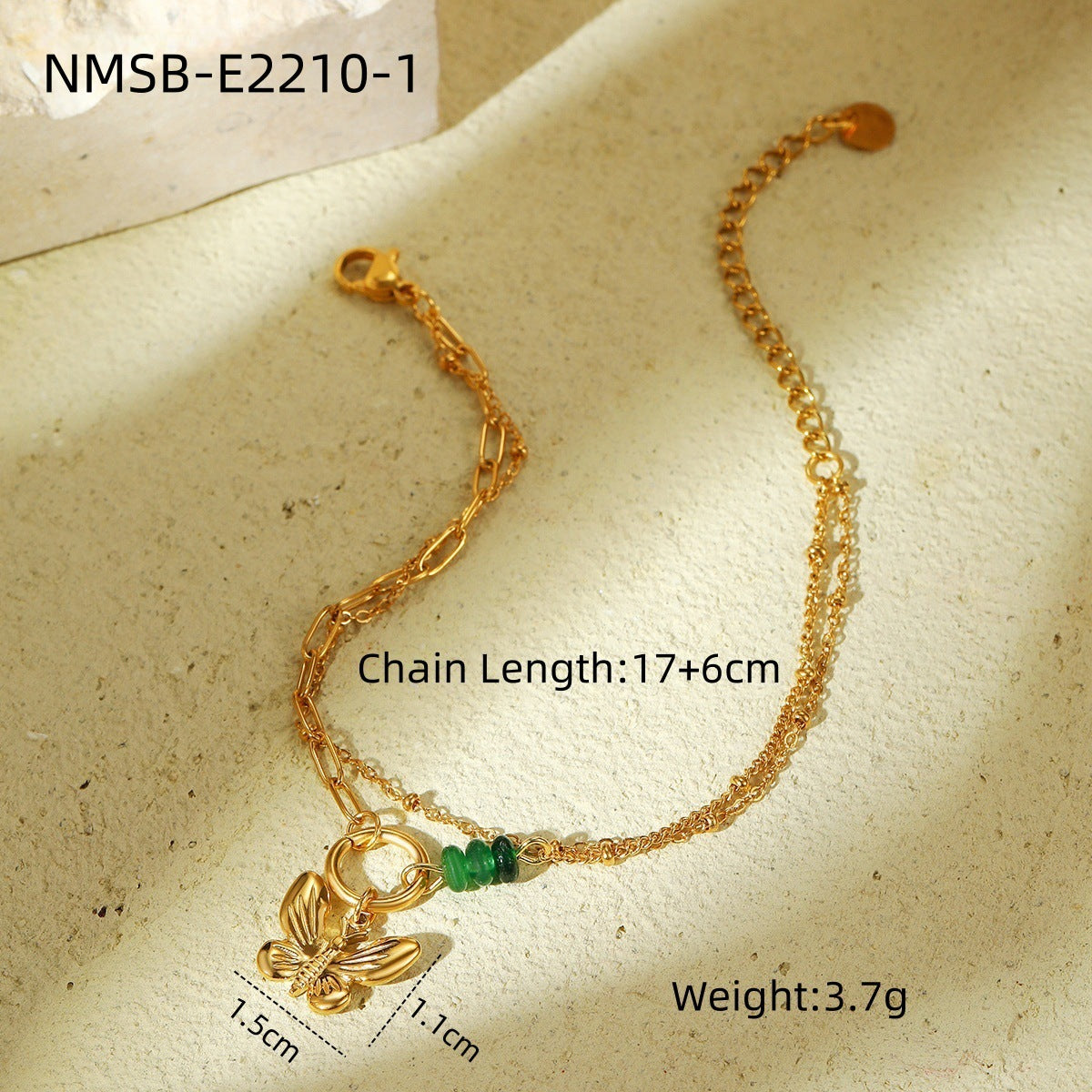 Pulsera de acero inoxidable con forma de mariposa, minimalista y a la moda, para mujer, con cuentas de piedra natural verde y acabado chapado