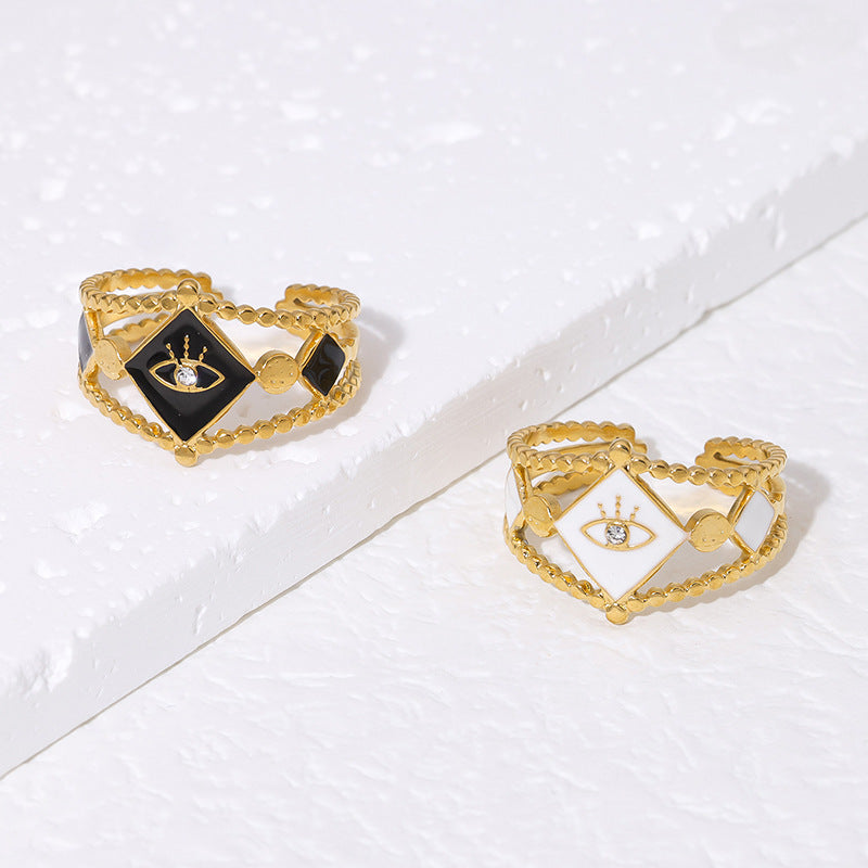 Fashion French Style Evil Eye Rhombus Shape Stainless Steel 18K Gold Plated Enamel Adjustable Ring for Women