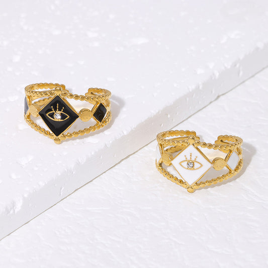 Anello Regolabile da Donna in Acciaio Inox Placcato Oro 18K con Smalto, Forma a Rombo, Occhio Turco, Stile Francese alla Moda